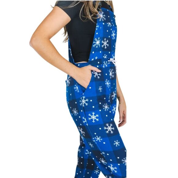 Women Overall Pajamas L Warm Soft Knit Après Ski Snowflake Blue White NWT - Picture 6 of 11